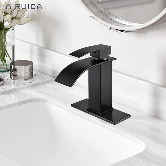 Airuida Oil Rubbed Bronze Single Handle Bathroom Sink Faucet Single Hole Waterfall Bathroom Faucet 1 or 3 Hole Basin Mixer Tap, Rv Lavatory Vanity Faucet with Deck Plate and Supply Lines