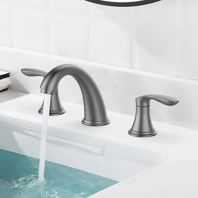 Bathroom Sink Faucet, Faucet for Bathroom Sink, Widespread Gun Grey Bathroom Faucet 3 Hole with Stainless Steel Pop Up Drain and cUPC Lead-Free Hose - (Gun Grey)