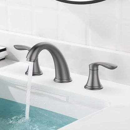 Bathroom Sink Faucet, Faucet for Bathroom Sink, Widespread Gun Grey Bathroom Faucet 3 Hole with Stainless Steel Pop Up Drain and cUPC Lead-Free Hose - (Gun Grey)
