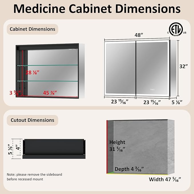 48x32 Inch Led Lighted Medicine Cabinet with Mirror, Recessed or Surface Mount Bathroom Medicine Cabinet, Anti-Fog, Adjustable Shelf, Dimmable Light, Outlets & USB, ETL Listed, Black