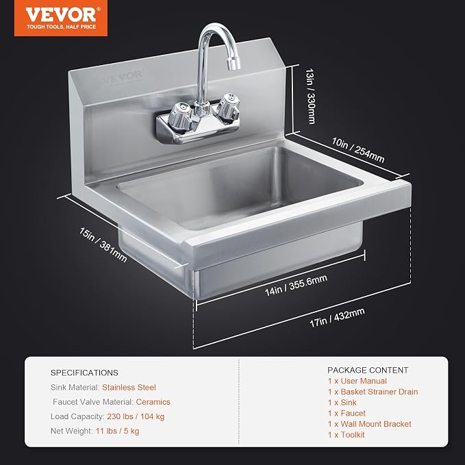 VEVOR Commercial Hand Sink with Faucet, Stainless Steel Sink for Washing, Small Washing Sinks, Wall Mount Hand Basin, Utility Sink for Restaurant, Kitchen, Bar, Garage and Home, 17 x 15 inch