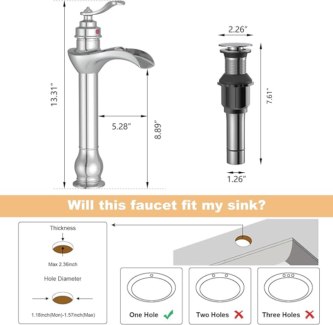 BWE Chrome Vessel Sink Faucet Waterfall with Pop Up Drain Assembly and Supply Hose Single-Handle Single Hole Bathroom Faucet Lavatory Mixer Tap Tall Body