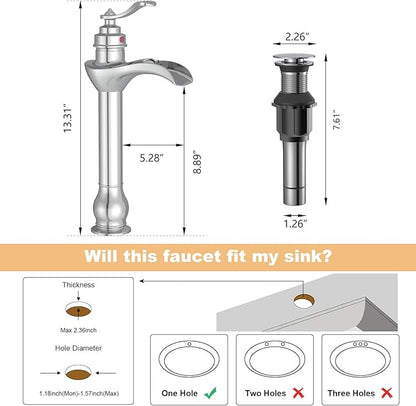 BWE Chrome Vessel Sink Faucet Waterfall with Pop Up Drain Assembly and Supply Hose Single-Handle Single Hole Bathroom Faucet Lavatory Mixer Tap Tall Body