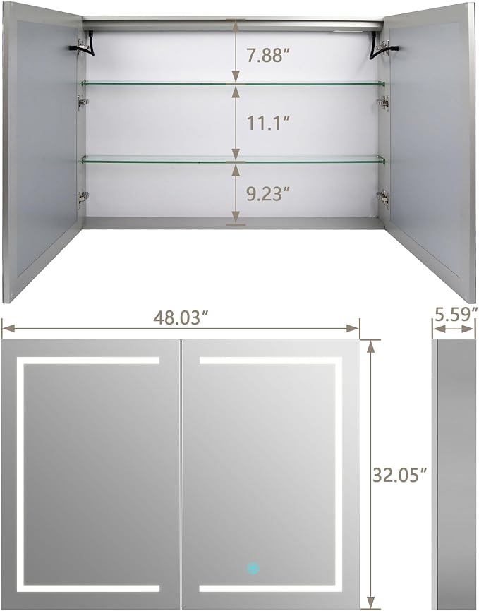 DeerValley Led Lighted Medicine Cabinet with Mirror, 48" W x 32" H | Mirrored Medicine Cabinet with Lights for Bathroom with Defogger & Dimmable 3-Color, DV-1VM0186