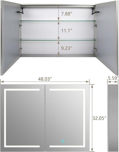 DeerValley Led Lighted Medicine Cabinet with Mirror, 48" W x 32" H | Mirrored Medicine Cabinet with Lights for Bathroom with Defogger & Dimmable 3-Color, DV-1VM0186