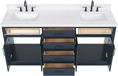 DKB Isabella 72 Inch Bathroom Vanity Double Sink — Midnight Blue Bathroom Vanity with Sink, 1.5" Edge Carrara White Quartz Countertop, 4 Soft-Close Doors, 4 Dovetail Drawers, and 2 Tilt Drawers