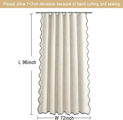 Scalloped Shower Curtain Linen Boho Flax Cream 72" W x 96" L | Linen Fabric, Black Border, Washable, Heavy Duty Cloth, Shower Curtain for Boho Farmhouse Bathroom Bathtub