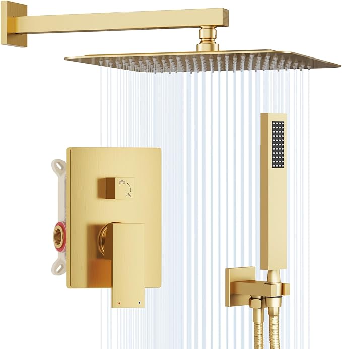 Gabrylly Rain Shower Head with Handheld Spray Combo, 12", Brushed Gold | All Metal Shower System, High Pressure Rainfall Shower Faucet Set, Solid Brass Shower Valve Complete Shower Set for Bathroom