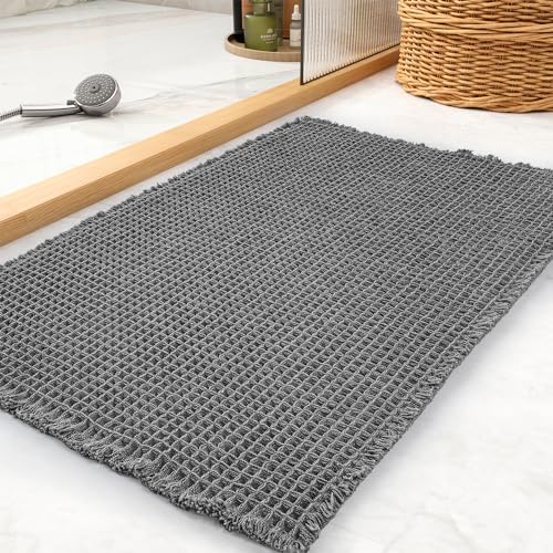 tchdio Waffle Bath Mat, Super Absorbent Non Slip Bath Mat Ultra Soft Bathmat Machine Washable Bath Rugs with Tassels, Beside Tub, 18" x 30"