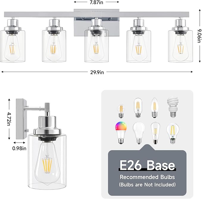 DIKADIA 5-Light Chrome Bathroom Vanity Light Over Mirror 30" Bathroom Light | Polished Chrome,Modern Vanity Lighting Fixture,Farmhouse Wall Sconces with Clear Glass Shade,Wall Light Over Mirror Sink