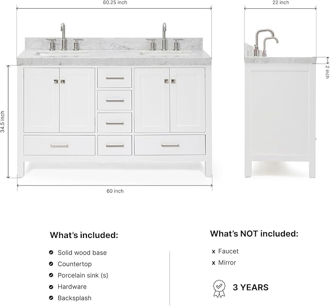 ARIEL Cambridge 60-inch Bathroom Vanity with Sink,Solid Wood, 2-inch Italian Carrara Marble Countertop, Double Rectangular Porcelain Sink, 2 Soft Closing Doors, 6 Dovetail Drawers, White