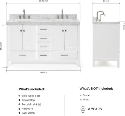 ARIEL Cambridge 60-inch Bathroom Vanity with Sink,Solid Wood, 2-inch Italian Carrara Marble Countertop, Double Rectangular Porcelain Sink, 2 Soft Closing Doors, 6 Dovetail Drawers, White
