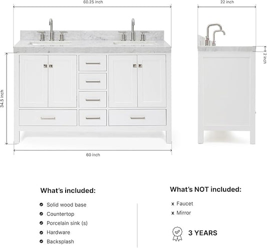 ARIEL Cambridge 60-inch Bathroom Vanity with Sink,Solid Wood, 2-inch Italian Carrara Marble Countertop, Double Rectangular Porcelain Sink, 2 Soft Closing Doors, 6 Dovetail Drawers, White