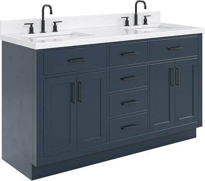 ARIEL Hepburn 60-inch Bathroom Vanity with Sink,Solid Wood, 1.5-inch Carrara White Quartz Countertop, Double Rectangular Porcelain Sink, 4 Soft Closing Doors, 6 Dovetail Drawers, Midnight Blue