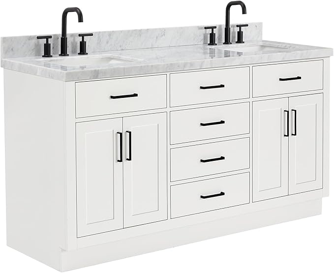 ARIEL Hepburn 66-inch Bathroom Vanity with Sink,Solid Wood, 1.5-inch Italian Carrara Marble Countertop, Double Rectangular Porcelain Sink, 4 Soft Closing Doors, 6 Dovetail Drawers, White