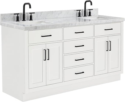 ARIEL Hepburn 66-inch Bathroom Vanity with Sink,Solid Wood, 1.5-inch Italian Carrara Marble Countertop, Double Rectangular Porcelain Sink, 4 Soft Closing Doors, 6 Dovetail Drawers, White
