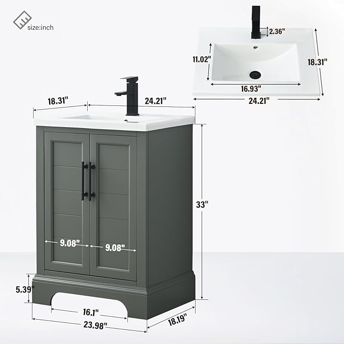 HOMEBEYOND 24 Inch Bathroom Vanity with Single Sink & Ceramic Top, Vanity Cabinet with Center Countertop Basin, Soft-Closing Doors,Vintage Green