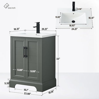 HOMEBEYOND 24 Inch Bathroom Vanity with Single Sink & Ceramic Top, Vanity Cabinet with Center Countertop Basin, Soft-Closing Doors,Vintage Green