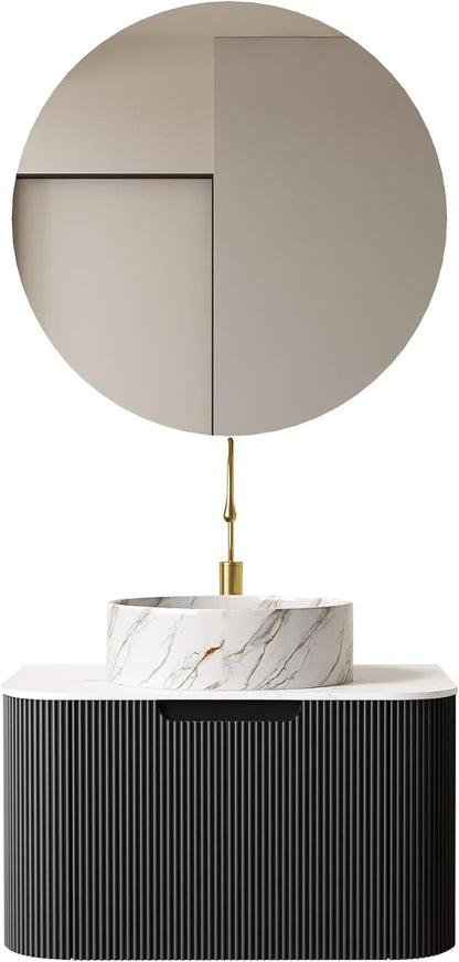 24'' Floating Vanity with Sink Combo, Modern Wall-Mounted Curved Edges Striped Bathroom Storage Cabinet with Soft-Close Drawer and White Stone Pattern Basin, Black