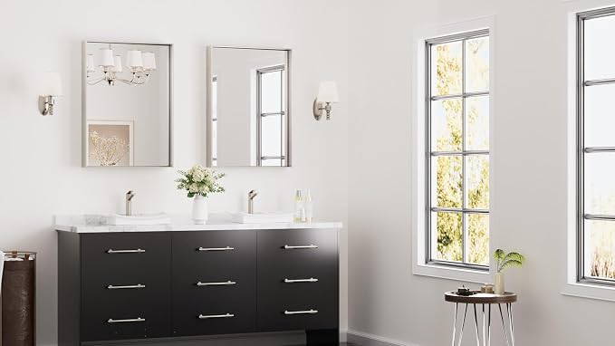 Keonjinn 22x30 Inch Nickel Bathroom Mirror for Over Sink, Wall Mounted | HD Tempered Glass, Vanity Mirror, Brushed Framed, Square Corner, Modern Farmhouse, Rectangular Mirrors, Aluminum Alloy