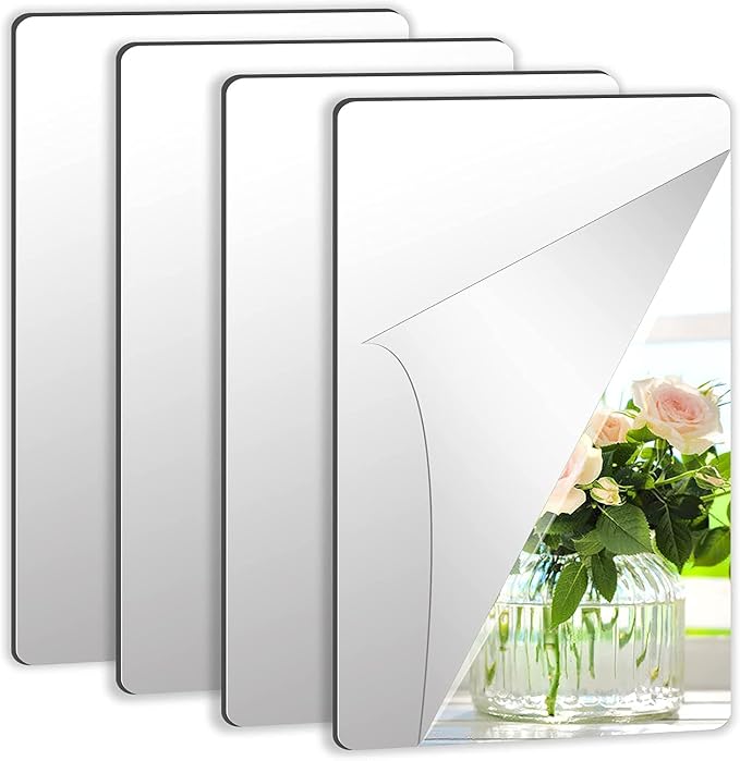 JUNEBRUSHS 4 Pack Self Adhesive Acrylic Mirror, 4X 6 Inch Mirror Tiles | Flexible Plastic Sheets Wall Stickers, 2MM Thick Mirror, Frameless Small