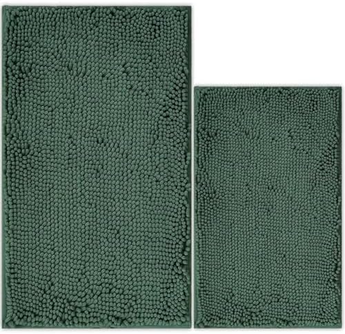 Bathroom Rugs Chenille Bath mat 2 Piece Set, Super Absorbent, PVC Non Slip Backing, Bath mats for Bathroom, Plush Shaggy, Thick, Machine Washable, Bathtub, Shower, Toilet.(Deep Green)