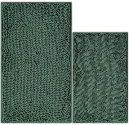 Bathroom Rugs Chenille Bath mat 2 Piece Set, Super Absorbent, PVC Non Slip Backing, Bath mats for Bathroom, Plush Shaggy, Thick, Machine Washable, Bathtub, Shower, Toilet.(Deep Green)