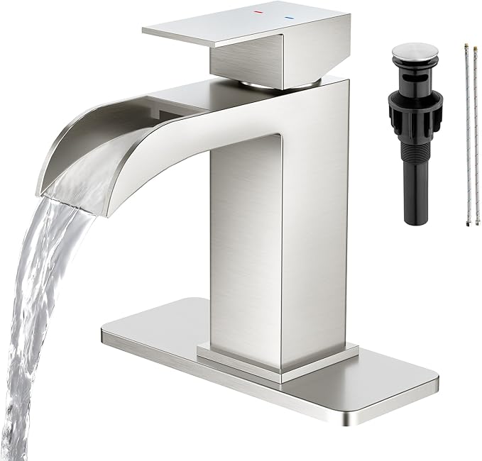Faustina Brushed Nickel Waterfall Bathroom Faucet, Single Handle Wide Spout Stainless Steel Vanity Sink Faucet with Pop Up Drain & Deck Plate for 1 or 3 Hole