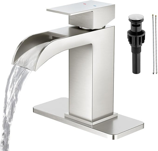 Faustina Brushed Nickel Waterfall Bathroom Faucet, Single Handle Wide Spout Stainless Steel Vanity Sink Faucet with Pop Up Drain & Deck Plate for 1 or 3 Hole