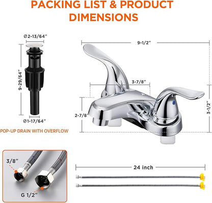 Bathroom Sink Faucets 2/3 Hole,Chrome Plating Dual Handles 4 inch Plastic Plating Over Bathroom Faucet with Pop-up Drain and 2 Supply Hoses for Apartment Rvs Sink Vanity