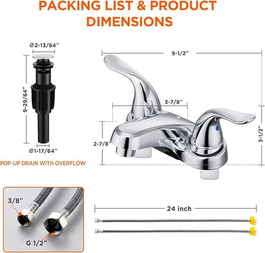 Bathroom Sink Faucets 2/3 Hole,Chrome Plating Dual Handles 4 inch Plastic Plating Over Bathroom Faucet with Pop-up Drain and 2 Supply Hoses for Apartment Rvs Sink Vanity