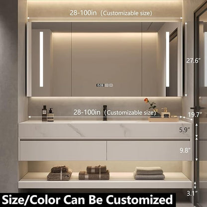 76" Bathroom Vanity - Single Sink Bathroom Vanity with Smart LED Defog Mirror Cabinet, One-Touch Defog & LED Lighting, Display Time, Ceramic Sink, Soft Closing, Fully Pre-Assembled