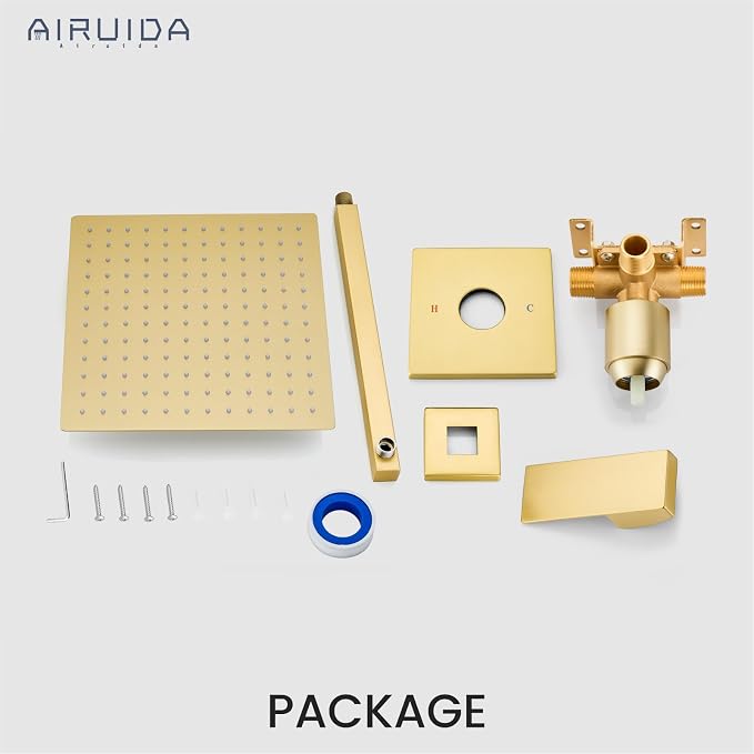 Airuida Shower Faucet Set,12 Inch Shower Valve Kit,Brushed Gold | Male Threads,Rough-in Valve Shower Trim Kit,Single Handle Control Shower Set