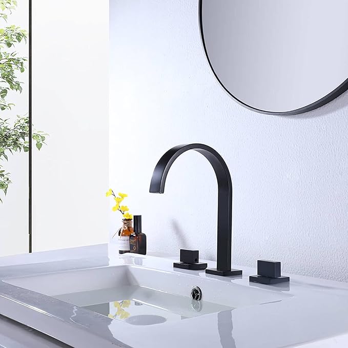 Waterfall Bathroom Faucet, Modern Sink Mixer Tap, 3 Hole Deck Mounted for Farmhouse Vanity，Black
