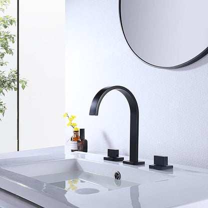 Waterfall Bathroom Faucet, Modern Sink Mixer Tap, 3 Hole Deck Mounted for Farmhouse Vanity，Black
