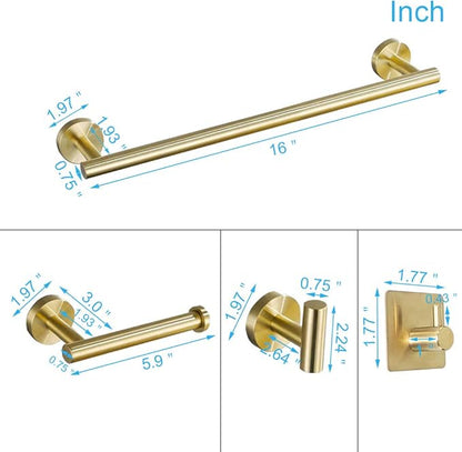 TocTen 5 PCS Bathroom Hardware Set SUS304 Stainless Steel-Towel Rack Set Include Lengthen Hand Towel Bar+Toilet Paper Holder+3 Robe Towel Hooks Bathroom Accessories Towel Bar Set(Brushed Gold,16IN)