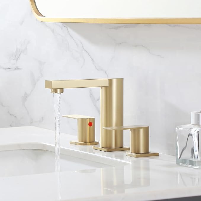 Gold Bathroom Faucet 3 Hole, Widespread Bathroom Faucet Brushed Gold, 2-Handles 8 Inch Centerset Bathroom Sink Faucets with Water Hoses and Drain Faucets for RV Bath Vanity Lavatory, RH079GVAL