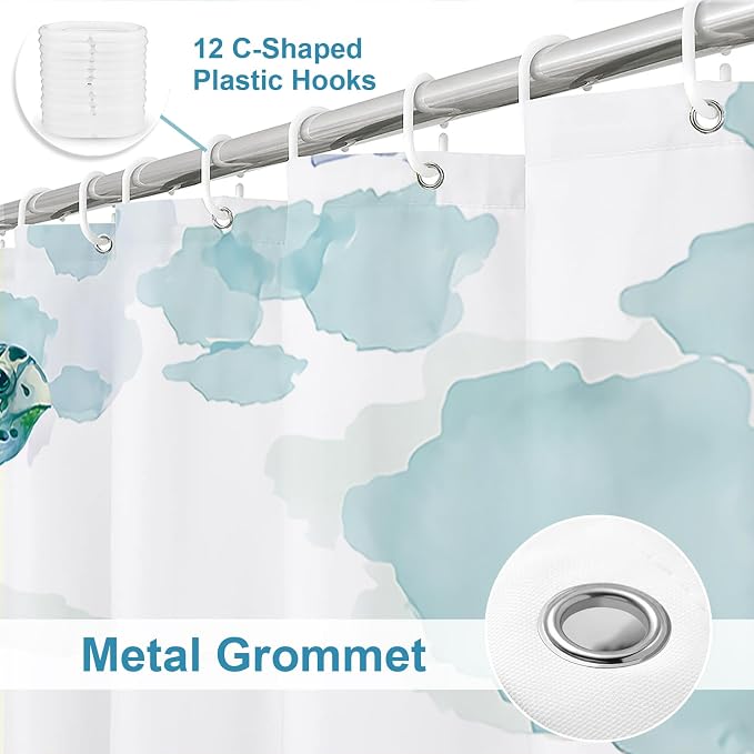 Cute Modern Ocean Shower Curtain, Beach Coastal Nautical Sea Turtle Shower Curtains for Bathroom, Waterproof Bath Curtain with Hooks Machine Washable Bathtub Curtains 72x72 Inch Blue Green