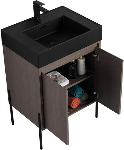 Crownpoint 24 Inch Bathroom Vanity with Sink, Black Sink, Gray Oak Finish, Full Assembly Required, Elegant Bathroom Vanities for Modern Homes