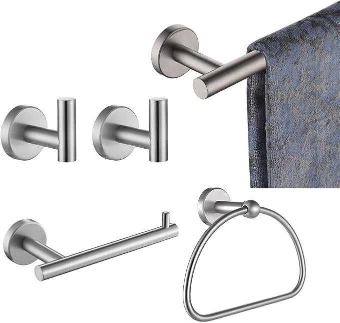 JQK Bathroom Hardware Set, 5-Piece Bath Accessories Set Brushed Finished Wall Mount Includes 24 in Towel Bar, 7 in Towel Ring, Toilet Paper Holder, 2 Towel Hooks, BAS165-BN