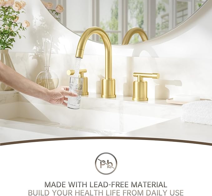 Phiestina Brushed Gold Bathroom Faucet Pull Down- 8 Inch Widespread 3-Hole with Pull-Out Sprayer,Lead-Free Stainless Steel,Metal Pop-Up Drain,Water Supply Lines,2 Handles,WFZY01CL-BG