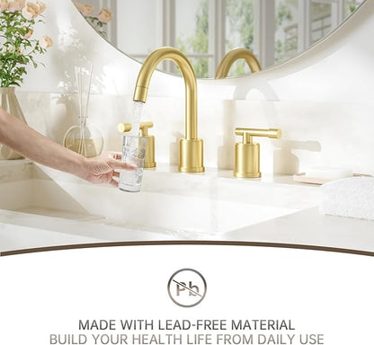 Phiestina Brushed Gold Bathroom Faucet Pull Down- 8 Inch Widespread 3-Hole with Pull-Out Sprayer,Lead-Free Stainless Steel,Metal Pop-Up Drain,Water Supply Lines,2 Handles,WFZY01CL-BG