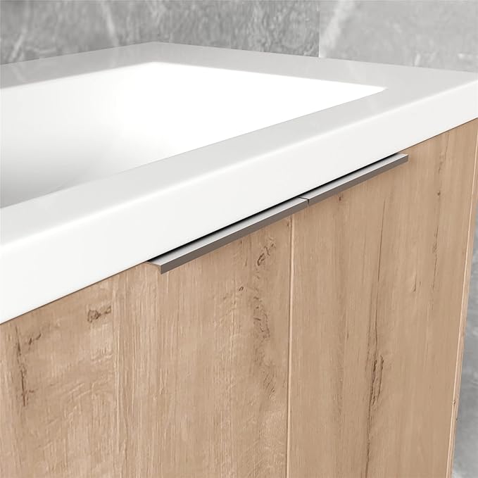 SSLine Wall Mounted Bathroom Vanity with Sink Combo Modern 30-Inch Single Bathroom Vanity Set with Top Basin &Storage Cabinet Wood Hanging Bath Cabinet w/Resin Sink for Small Space(Brown)
