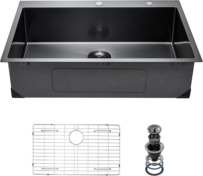 VEVOR 33 inch Kitchen Sink Workstation, 304 Stainless Steel Top Mount Sinks, Drop-In Single Bowl Farmhouse Basin with Accessories, Household Dishwasher Sinks for RV, Prep Kitchen, and Bar (Black)