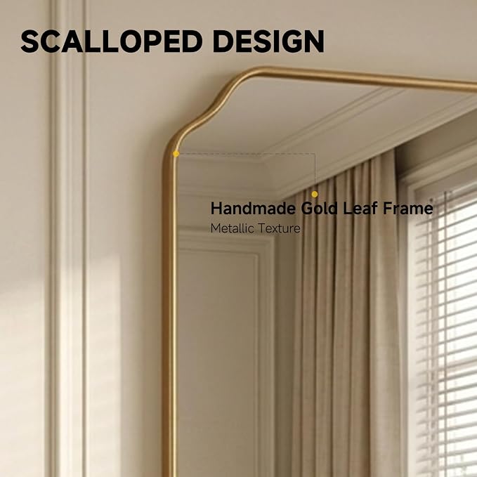 32"x24" Gold Wall Bathroom Mirror, Scalloped Edge Vanity Mirror | Hangs Vertically/Horizontally, Wooden Frame Decorative Mirror, For Vanity, Bedroom & Entryway, Aesthetic Bathroom Decor