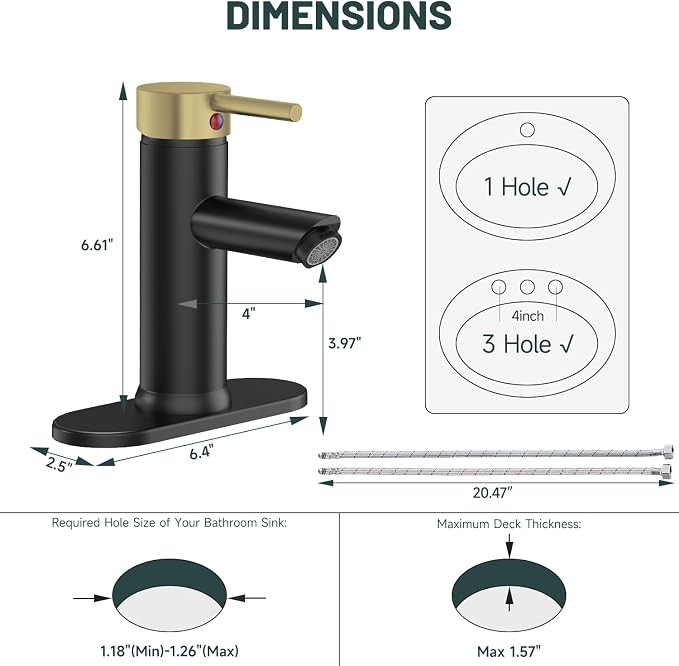 Bathroom Faucet for 1 or 3 Holes, Brass, Black and Gold | Single Handle Bathroom Sink Faucets, Modern Commercial Lavatory Vanity Faucet, with Deck Plate and Supply Line, No Drain