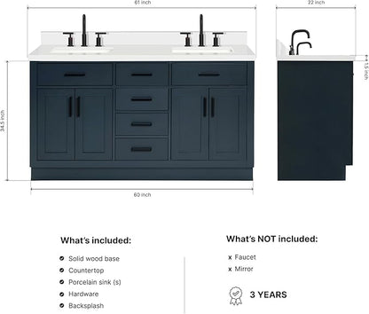 ARIEL Hepburn 60-inch Bathroom Vanity with Sink,Solid Wood, 1.5-inch Pure White Quartz Countertop, Double Rectangular Porcelain Sink, 4 Soft Closing Doors, 6 Dovetail Drawers, Midnight Blue