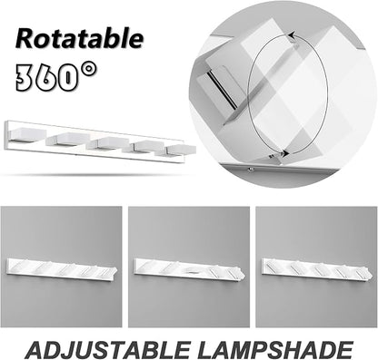 Aipsun Modern Chrome Bathroom Vanity Light LED Vanity Light Fixtures for Bathroom Stainless Steel 5 Light Bath Wall Lighting 6000K
