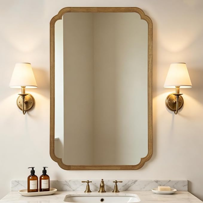 30" x 48" Wood Bathroom Mirror for Wall Mounted, Rustic Rounded Corner Vanity Mirror for Entryway, Living Room or Bedroom Home Decorative [30" x 48" Natural Color]