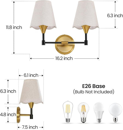 Black Gold Bathroom Light Fixtures: Farmhouse Bathroom Vanity Lights over Mirror with Flared Fabric Shade, Vanity Lighting Fixtures, 2 Light Wall Sconces Lighting for Bedroom Hallway Living Room